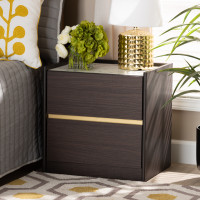Baxton Studio LV25ST2524-Modi Wenge/Marble-NS Walker Modern and Contemporary Dark Brown and Gold Finished Wood Nightstand with Faux Marble Topi